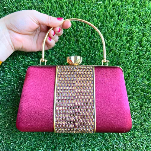 Magenta Fuchsia Satin Wedding Bag/Clutch with Removable Chain - Clutches | Laadosa Creations