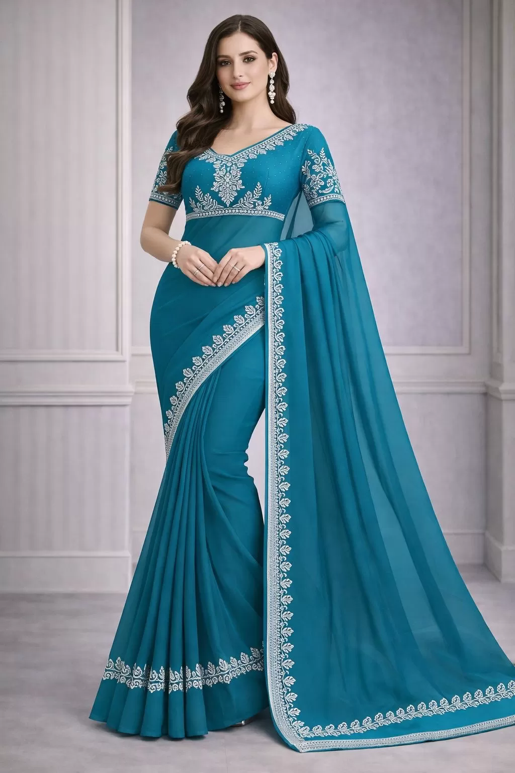 Teal Embroidered Georgette Saree - Sarees | Laadosa Creations