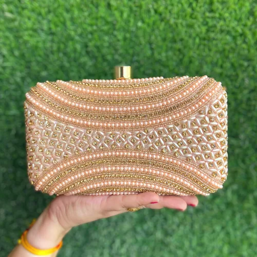 Handmade Rose Gold Colored Beaded Clutch With Removable Chain - Clutches | Laadosa Creations