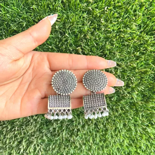 Silver Tone Oxidised Jhumka Earrings - Earrings | Laadosa Creations