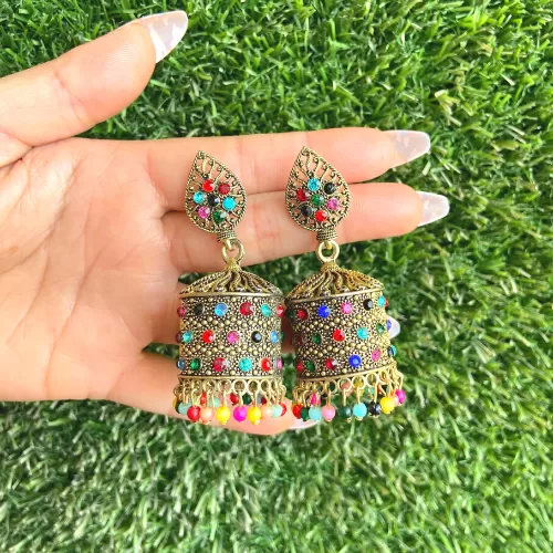 Multicolored Stone Oxidised Jhumka Set - Earrings | Laadosa Creations