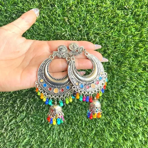 Multicolored Stone Silver Tone Oxidised Jhumka - Earrings | Laadosa Creations