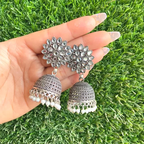 Traditional Mirror Work Silver Tone Jhumka Set - Earrings | Laadosa Creations