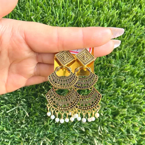 Golden White Beaded Jhumka Set - Earrings | Laadosa Creations