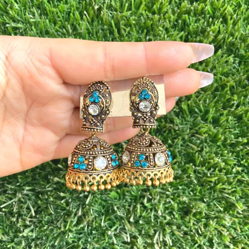 Traditional Golden Blue Jhumka Set - Earrings | Laadosa Creations