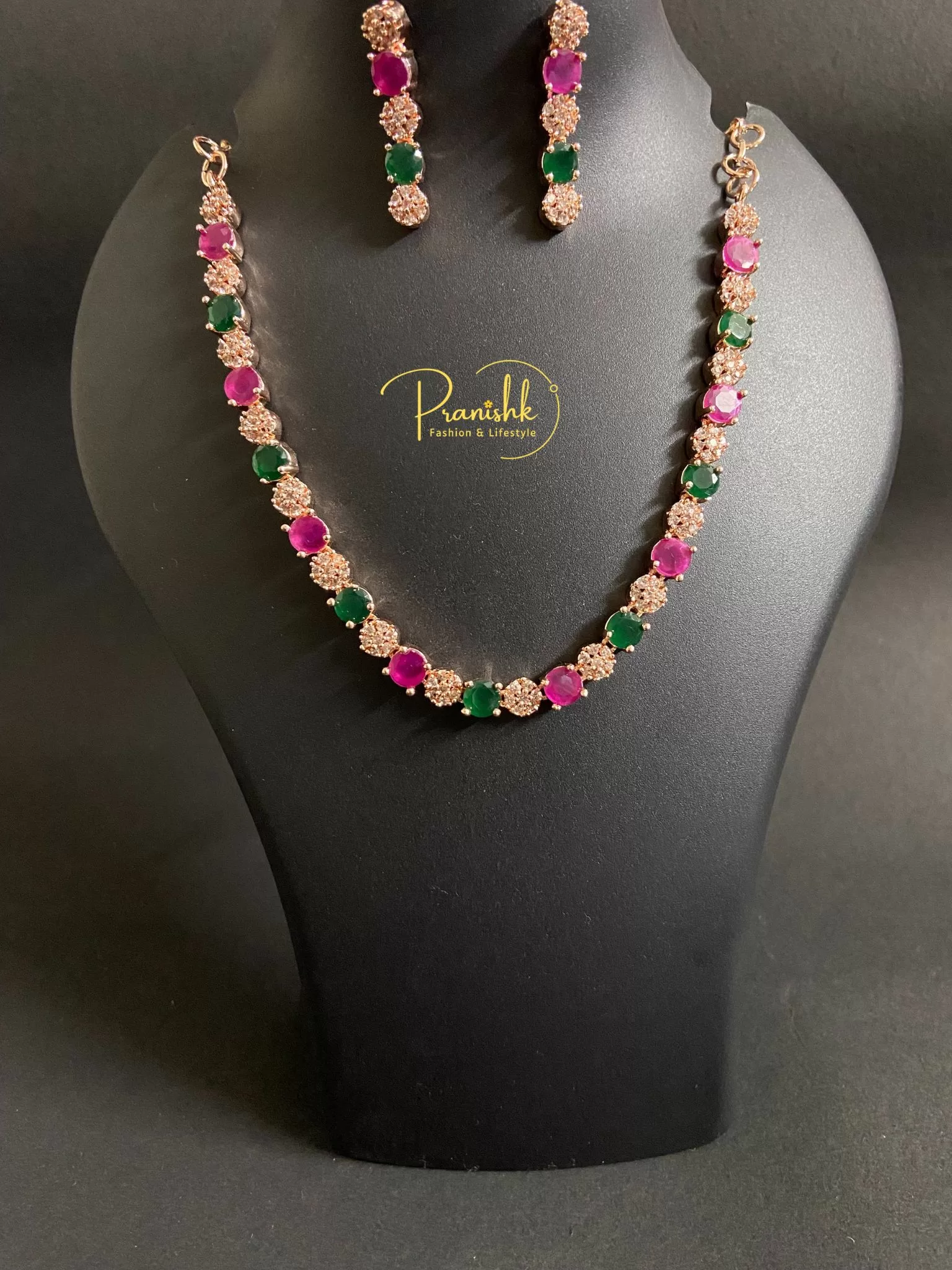 Pink And Green Elegant AD Necklace - Necklaces | Laadosa Creations
