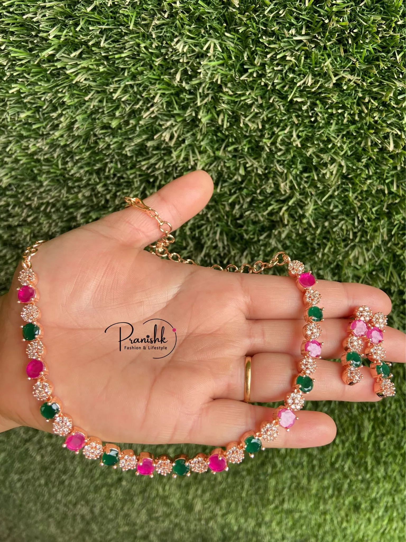 Pink And Green Elegant AD Necklace Image 4