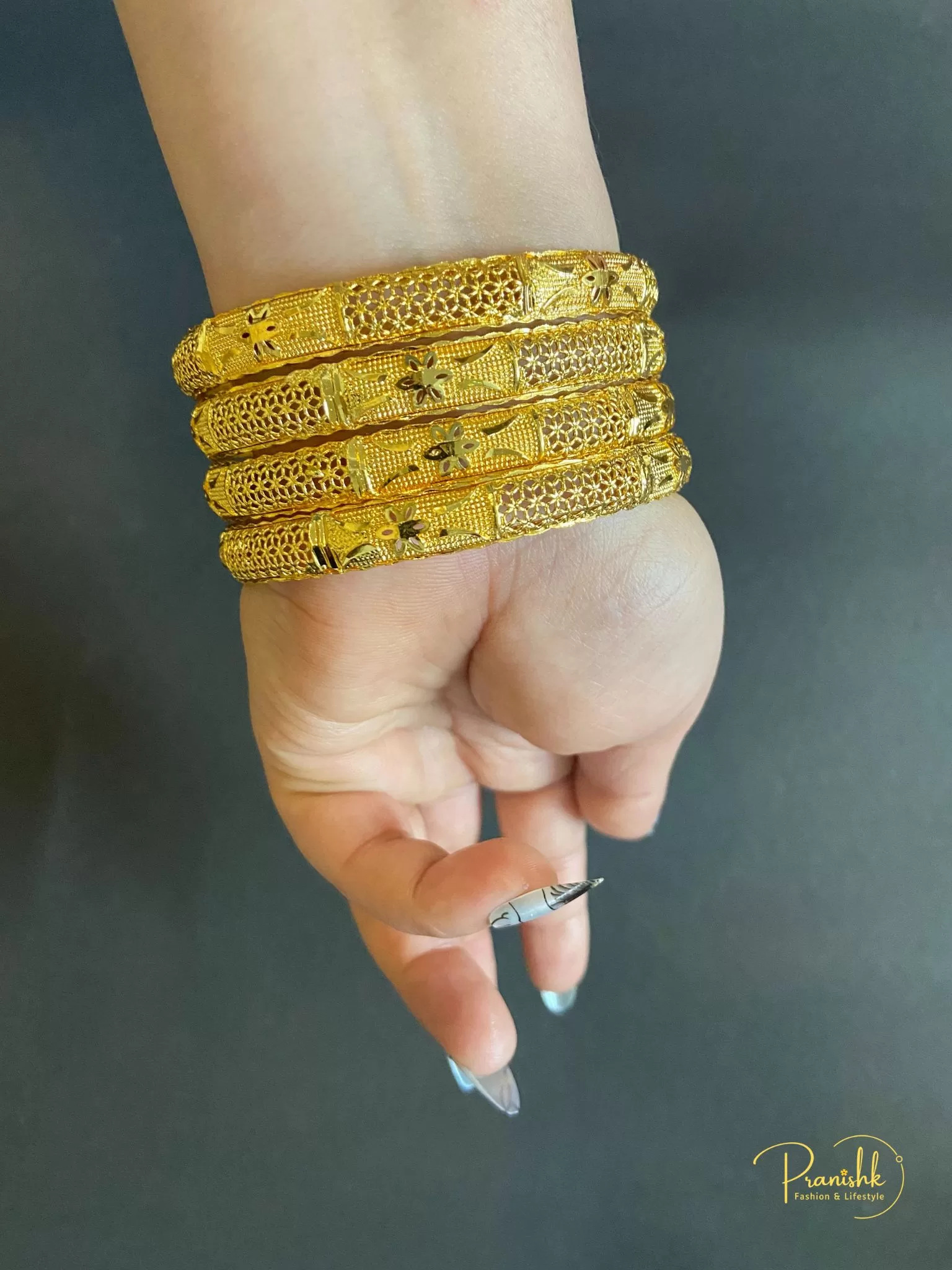 Party Wear Gold Tone Bangles-Set of 4, Size 2.8 - Bangles | Laadosa Creations