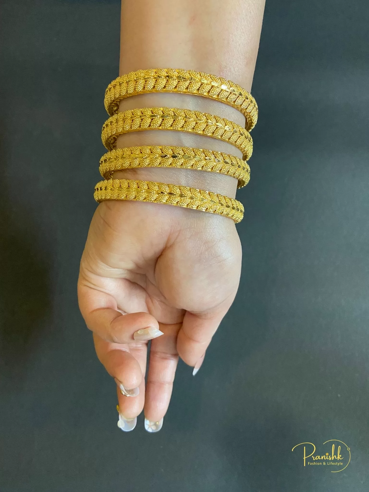 Leaf Design Gold Tone Bangles- Set of 4, Size 2.8 - Bangles | Laadosa Creations