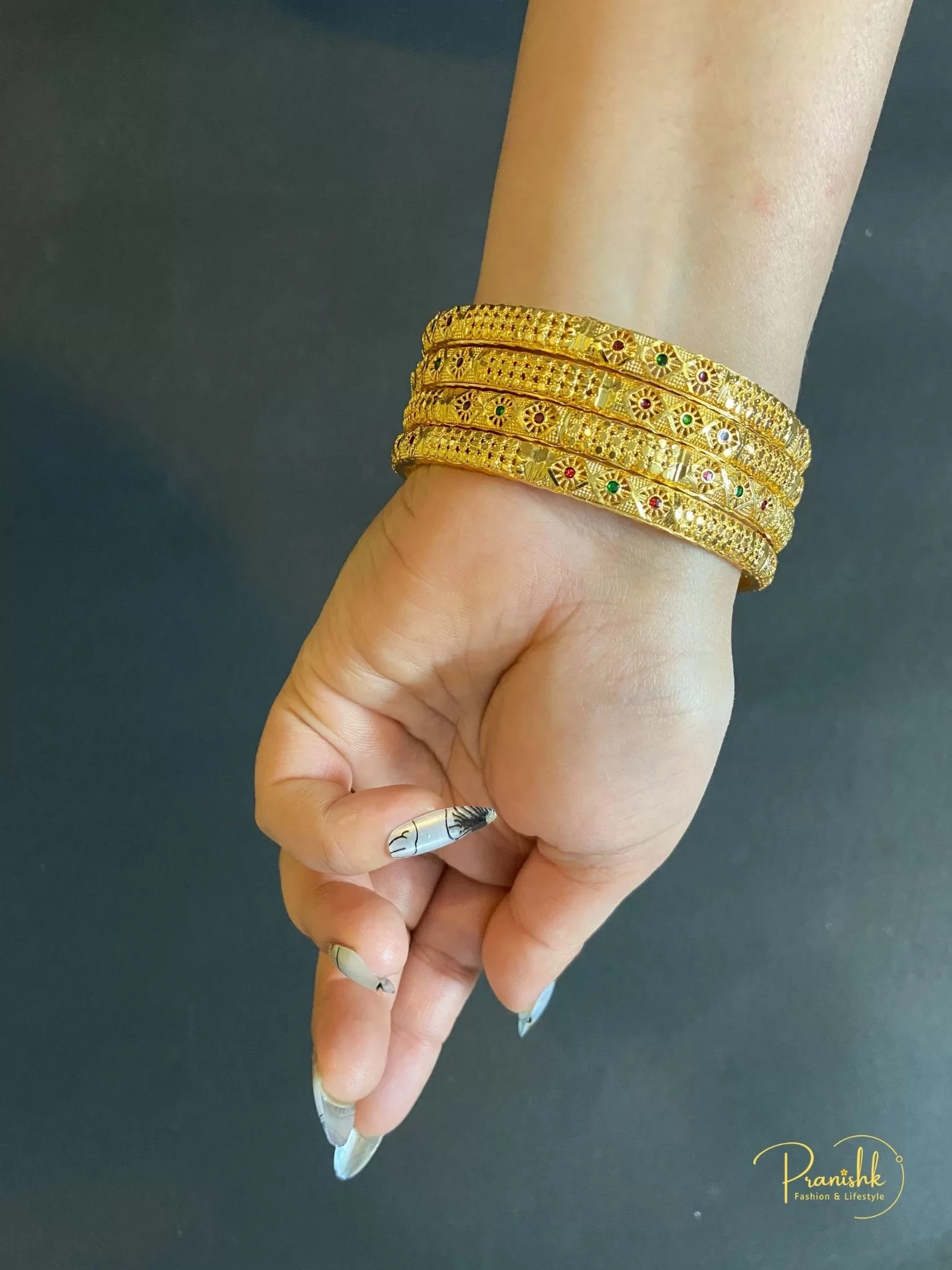 Bridal Wear Hand Work Red And Green Stone Gold Forming Bangles-Set of 4, Size 2.8 - Bangles | Laadosa Creations