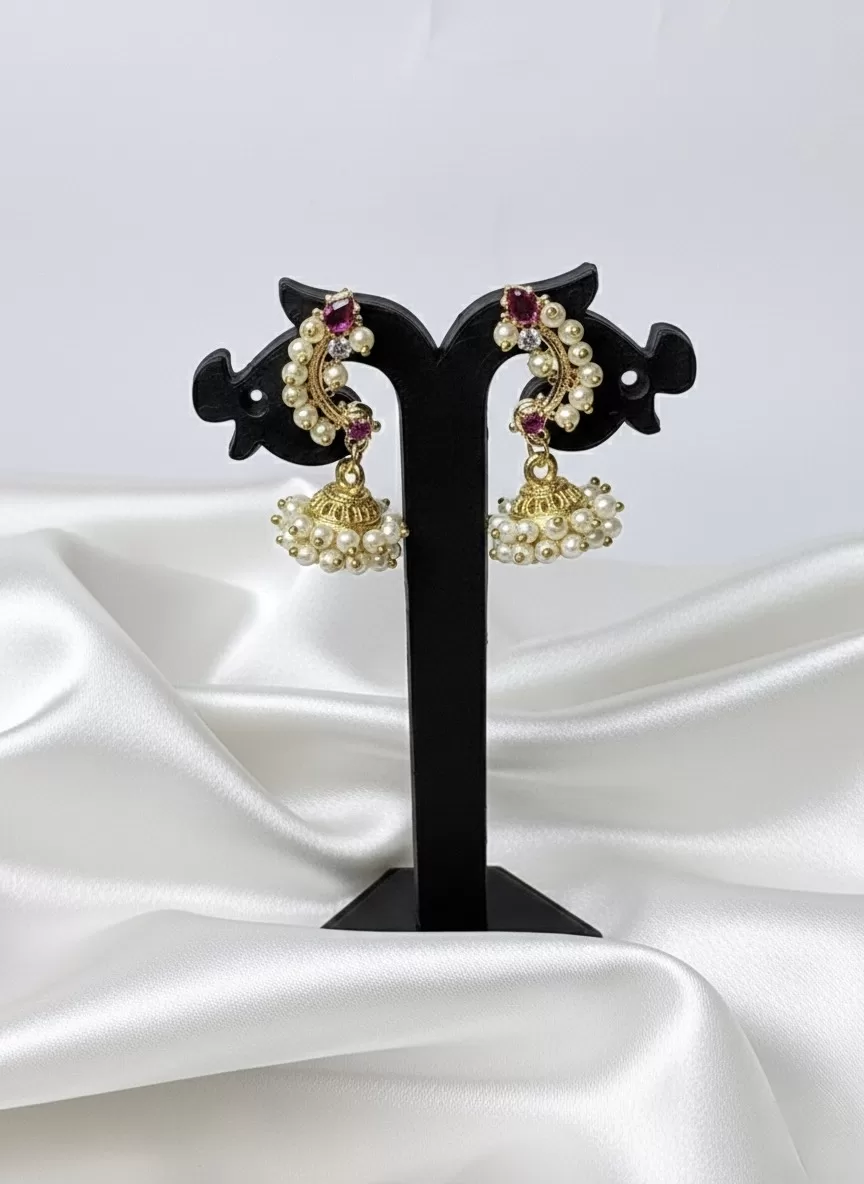 Traditional Pearl & Stone Jhumka Earrings, Gold Tone Imitation Jewellery for Women & Girls - Earrings | Laadosa Creations