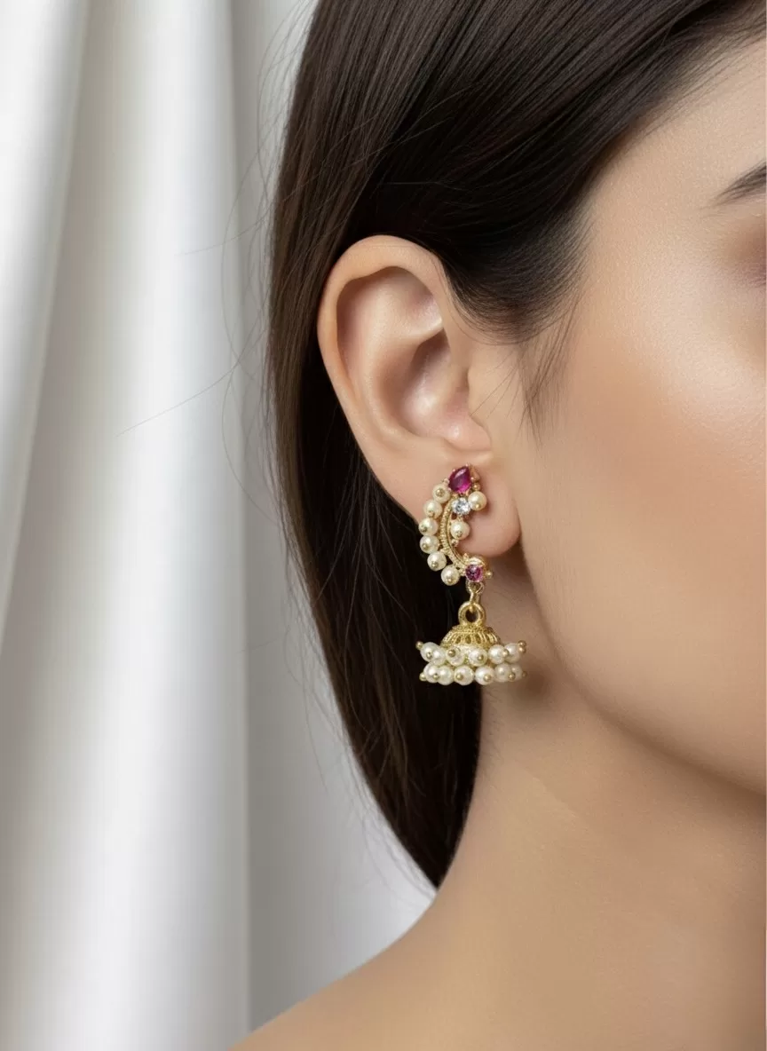 Traditional Pearl & Stone Jhumka Earrings, Gold Tone Imitation Jewellery for Women & Girls Image 2