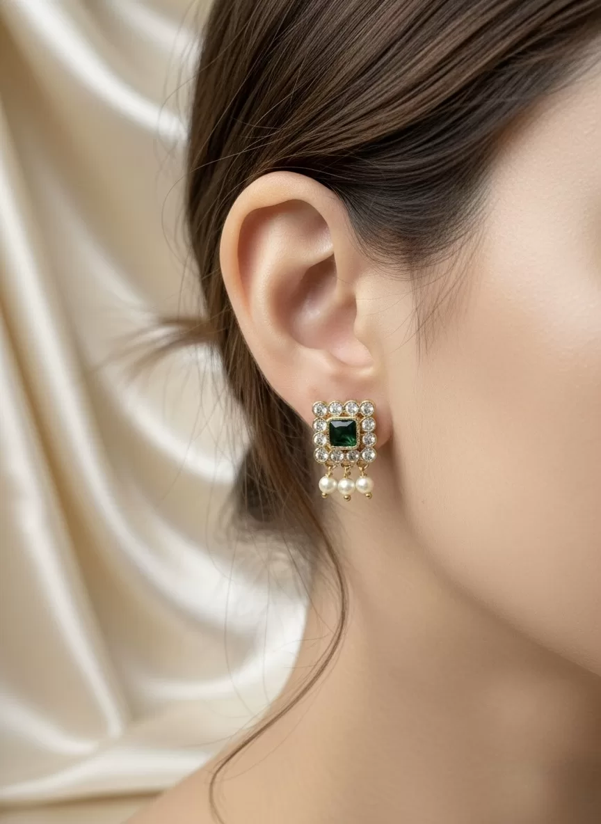Emerald Green Stone Stud Earrings with Pearls, Premium Gold Tone Imitation Jewellery for Women Image 2