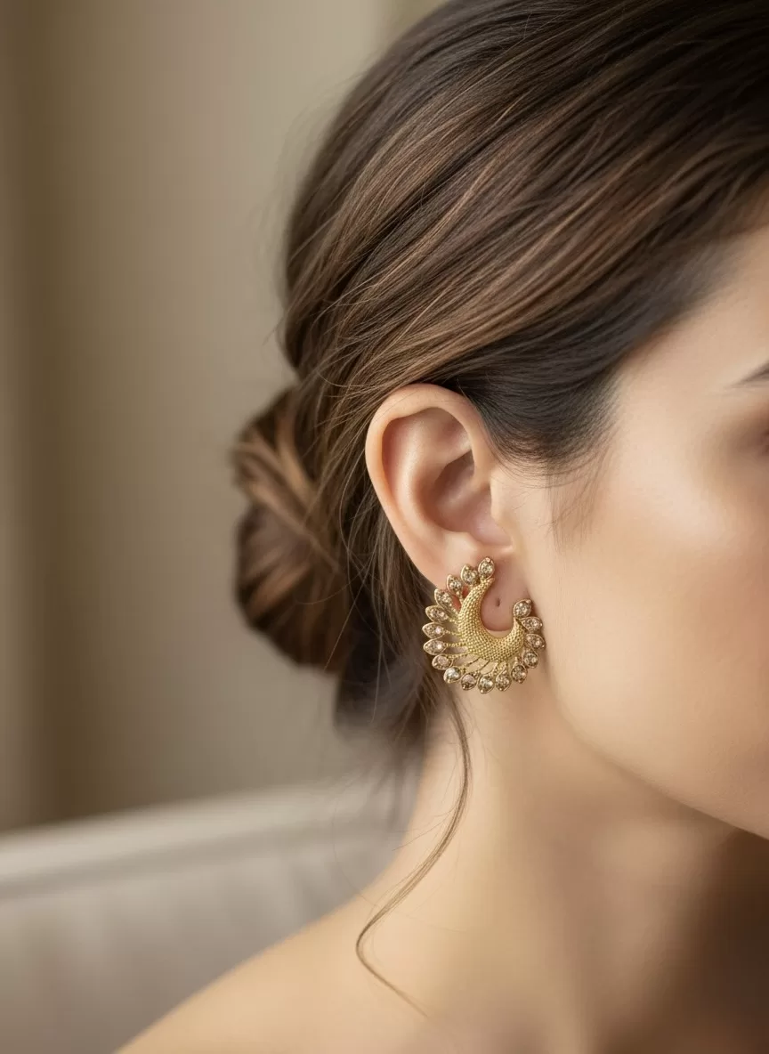 Designer Gold Tone Crescent Stud Earrings, Sparkling Stone Statement Jewellery for Women Image 2