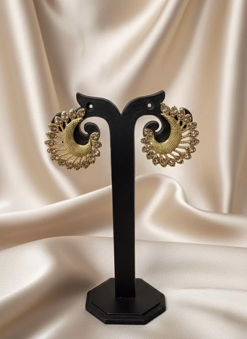 Designer Gold Tone Crescent Stud Earrings, Sparkling Stone Statement Jewellery for Women - Earrings | Laadosa Creations