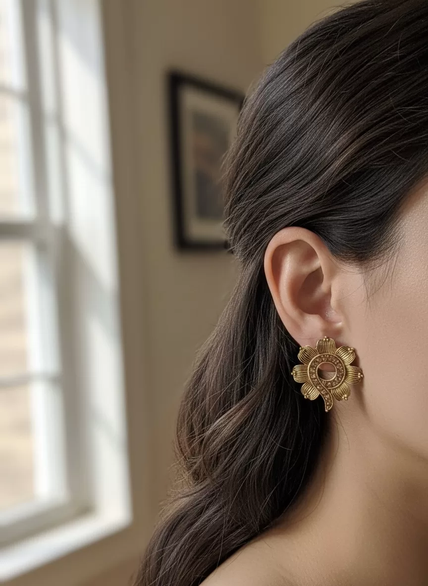 Designer Gold Tone Floral Stud Earrings, Elegant Statement Imitation Jewellery for Women Image 2