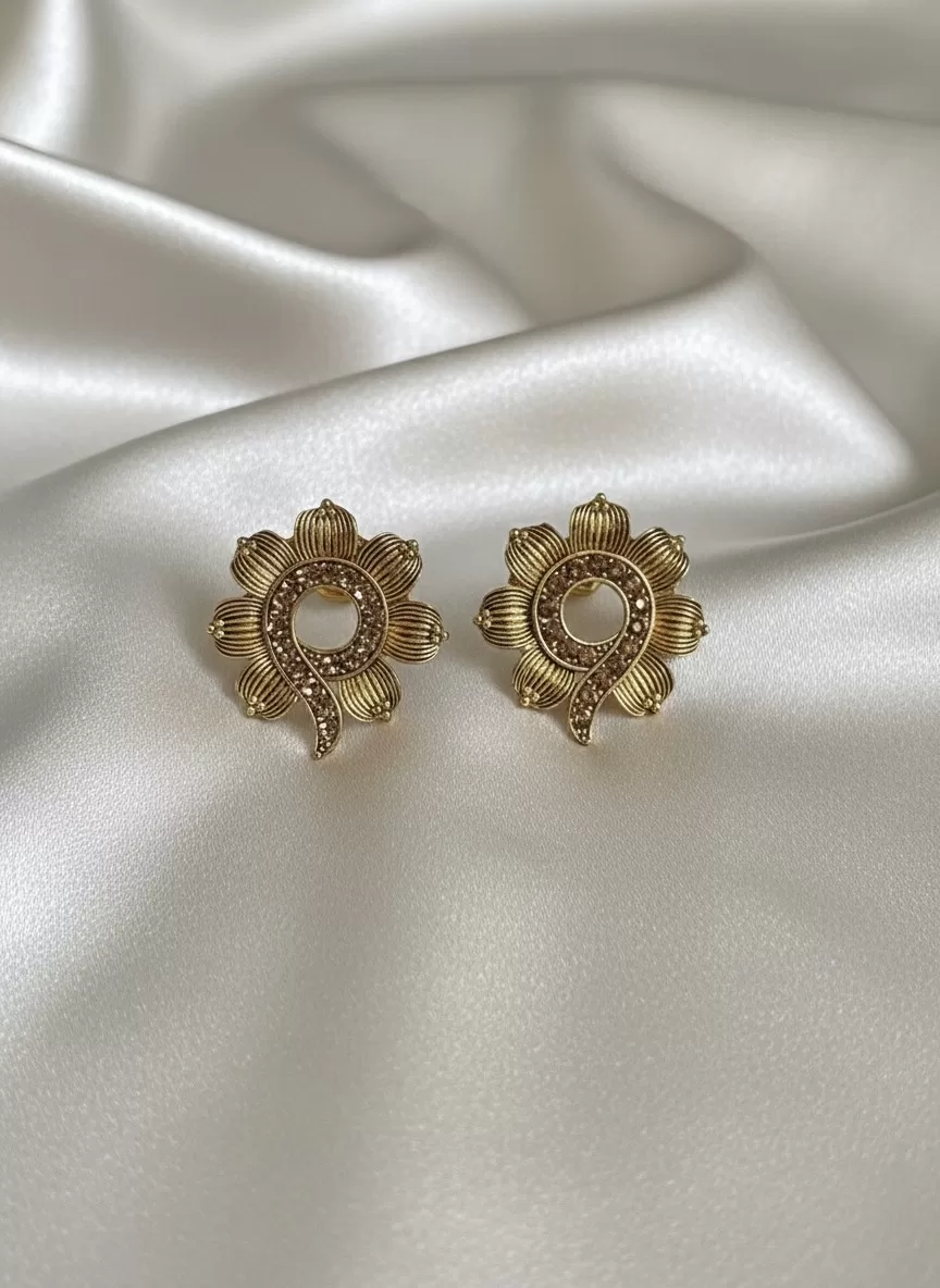 Designer Gold Tone Floral Stud Earrings, Elegant Statement Imitation Jewellery for Women - Earrings | Laadosa Creations