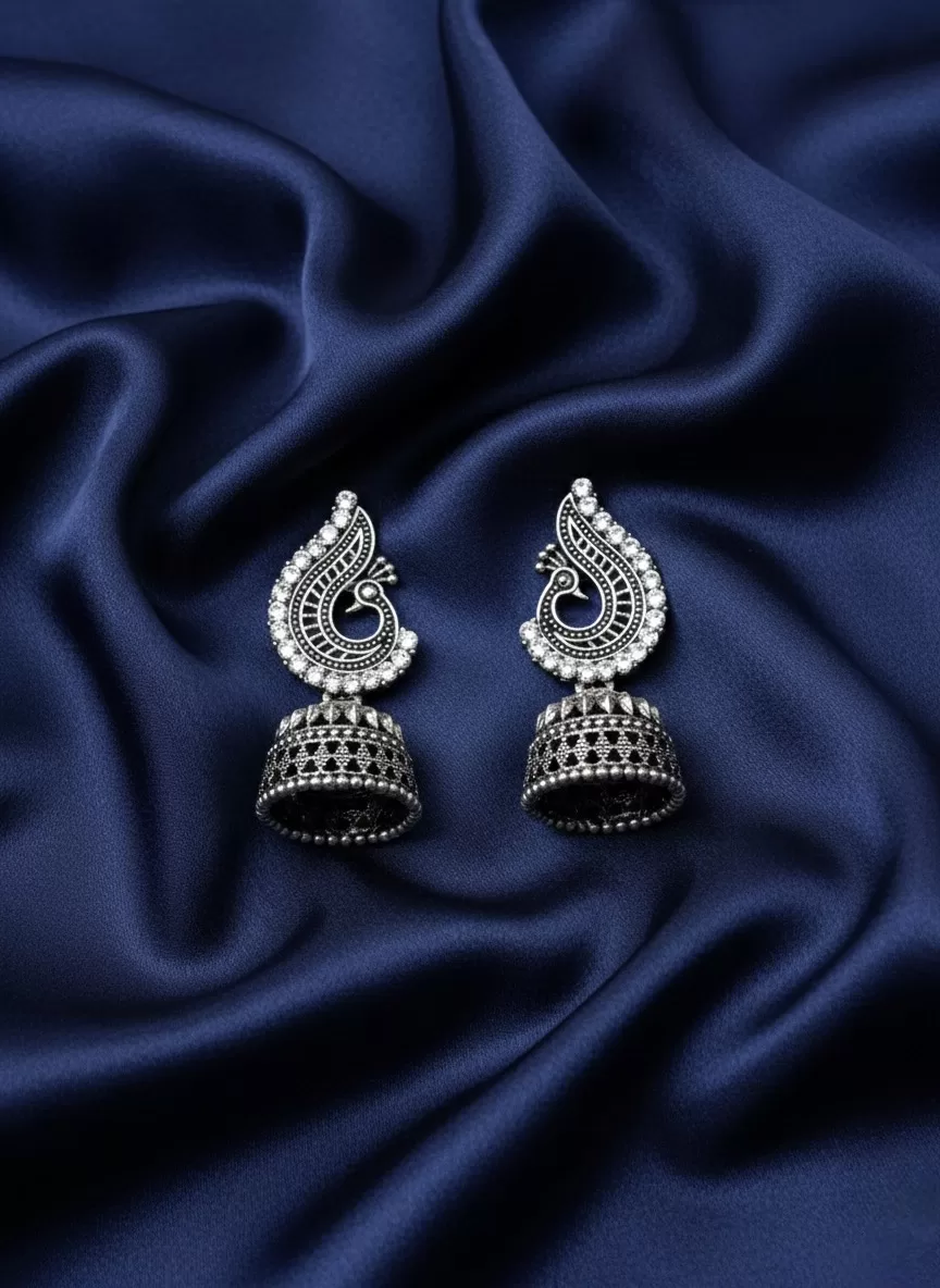 Oxidised Silver Tone Paisley Jhumka Earrings, Antique Traditional Jewellery for Women & Girls - Earrings | Laadosa Creations