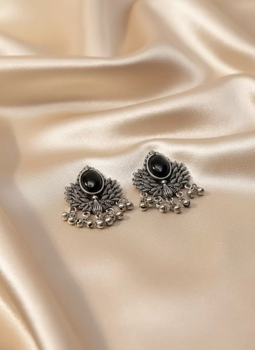 Oxidised Silver Tone Black Stone Stud Earrings, Antique Traditional Jewellery with Ghungroo Drops - Earrings | Laadosa Creations