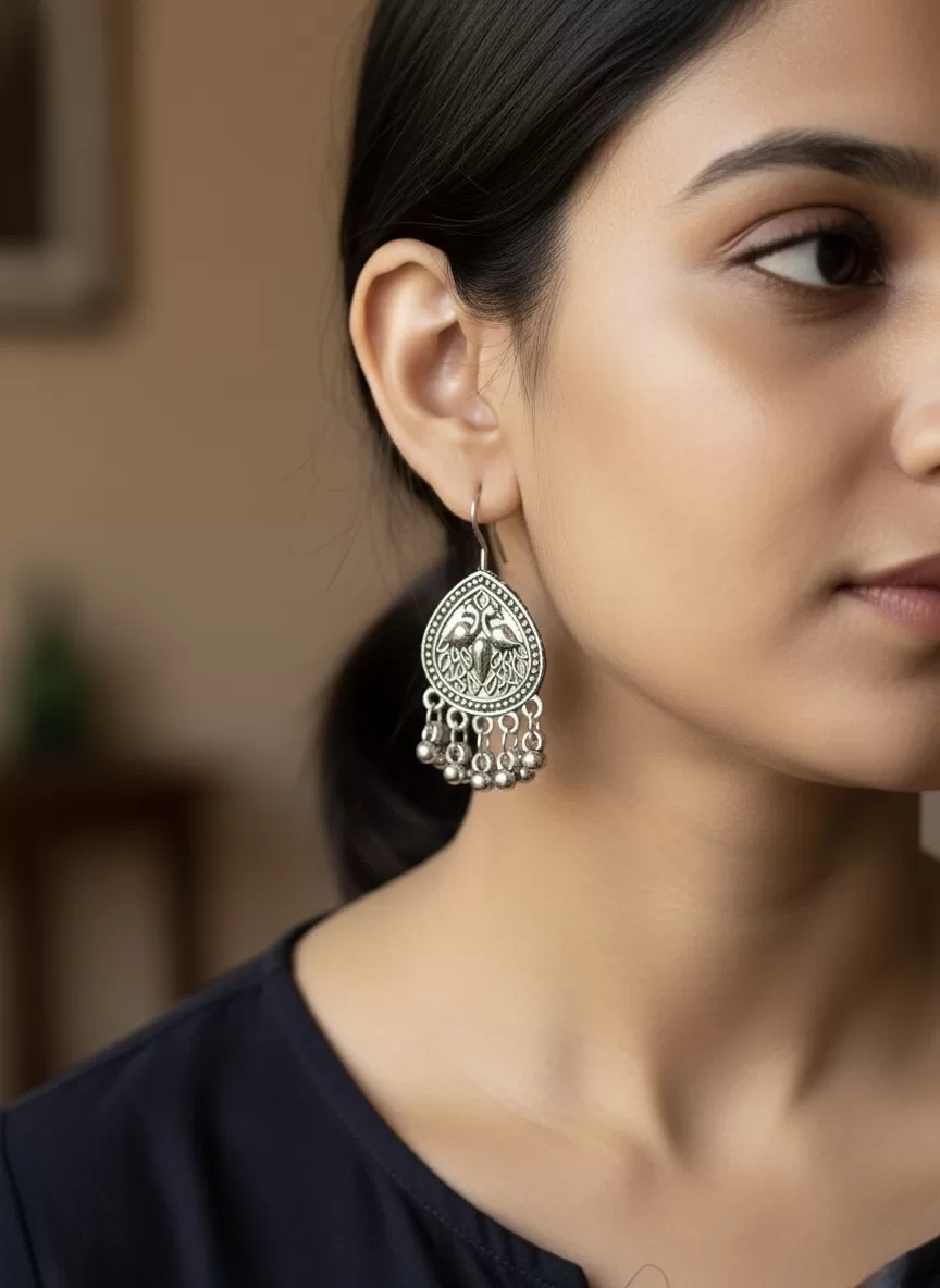 Oxidised Silver Tone Black Stone Stud Earrings, Antique Traditional Jewellery with Ghungroo Drops Image 2