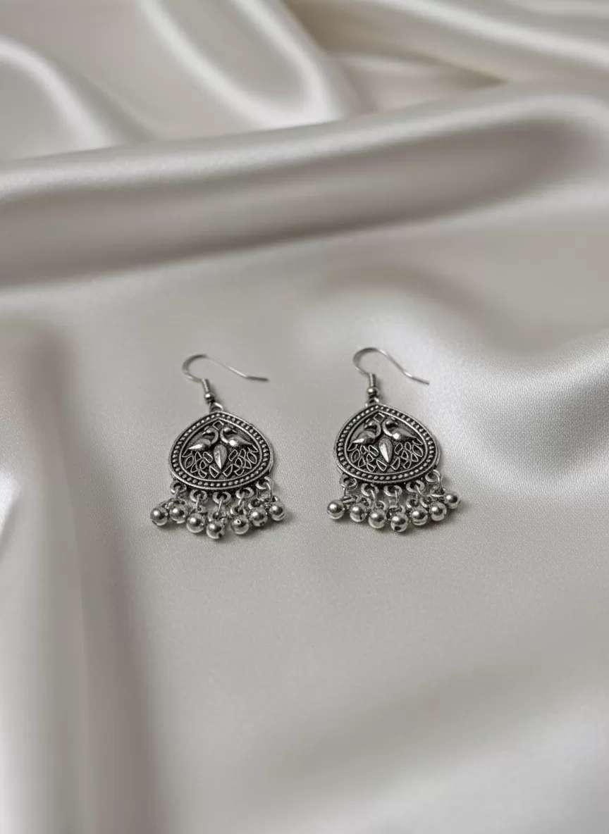 Oxidised Silver Tone Teardrop Dangling Earrings, Antique Boho Jewellery with Ghungroo Beads - Earrings | Laadosa Creations