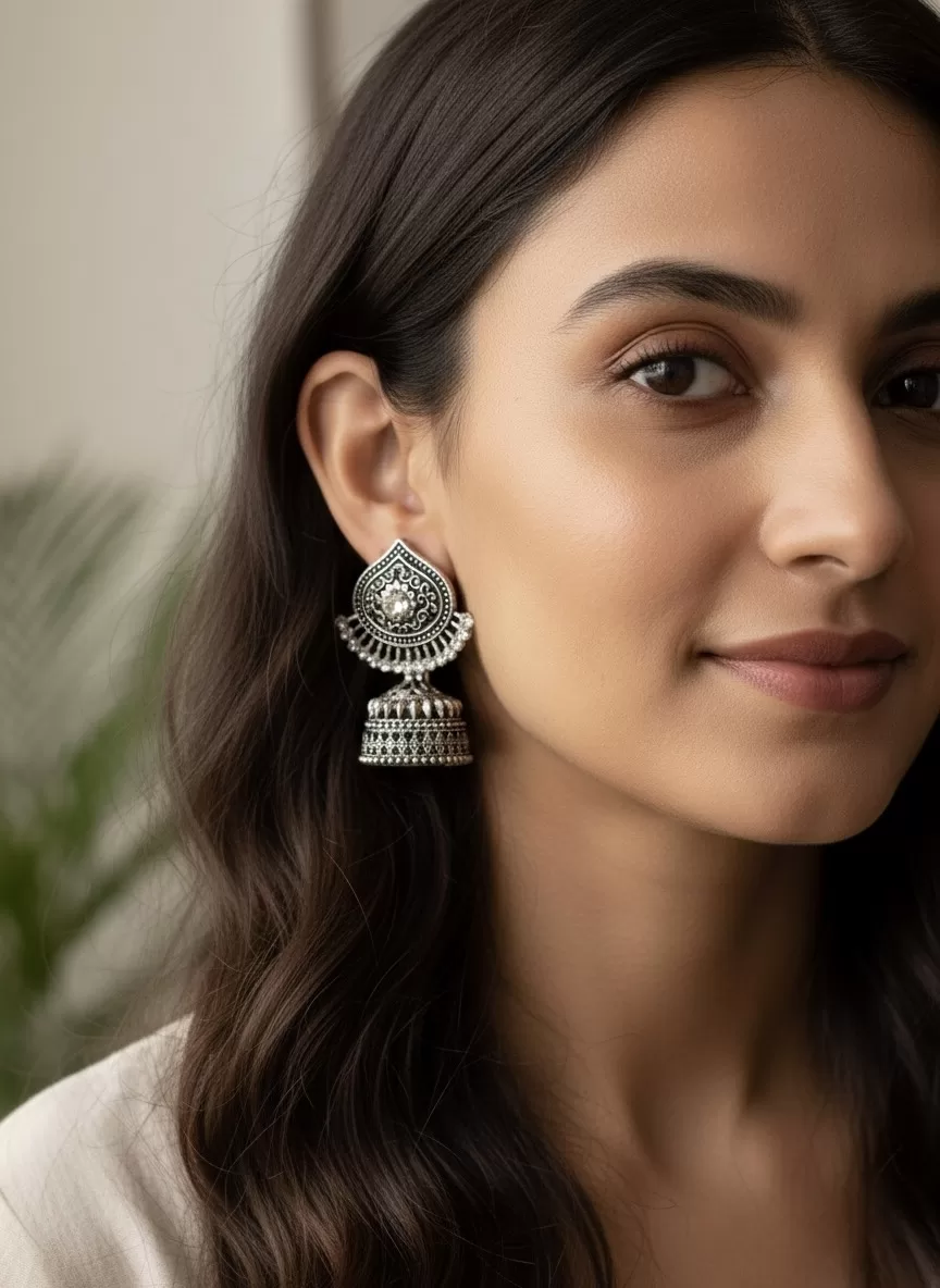 Oxidised Silver Tone Teardrop Dangling Earrings, Antique Boho Jewellery with Ghungroo Beads Image 2