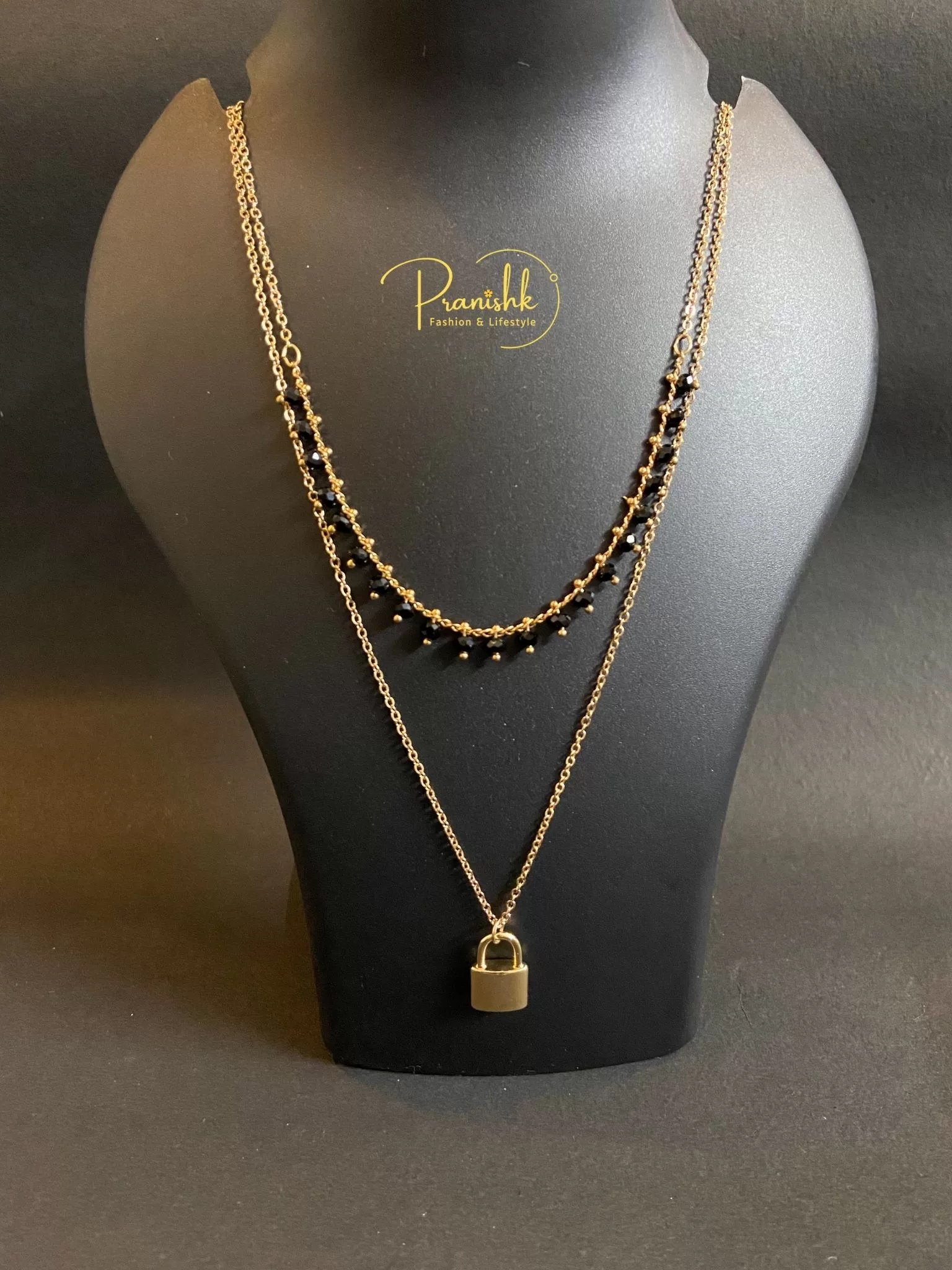 Gold Tiny Lock With Black Beads Pendant - Pendants | Laadosa Creations