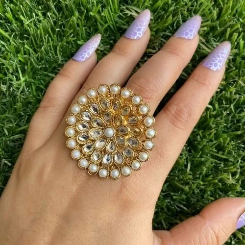 Latest Traditional Pearl With Yellow Chimes Women's Ring Image 3