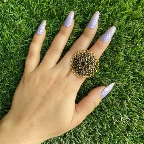 Black And Golden Flower Design Ring - Rings | Laadosa Creations