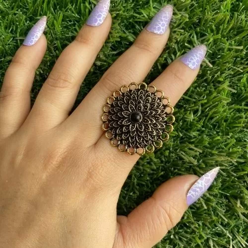Black And Golden Flower Design Ring Image 3