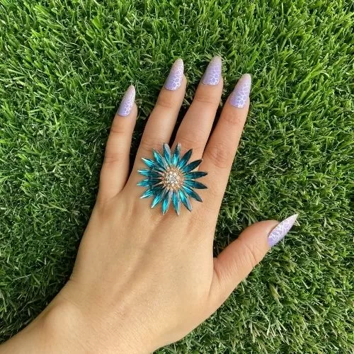 Marquise Cut Blue Flower Design Ring Image 3