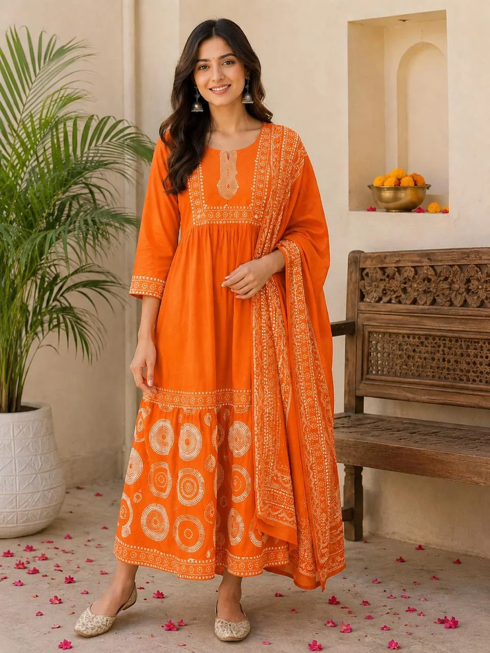 Orange Printed Jaipuri Print Cotton Anarkali Suit