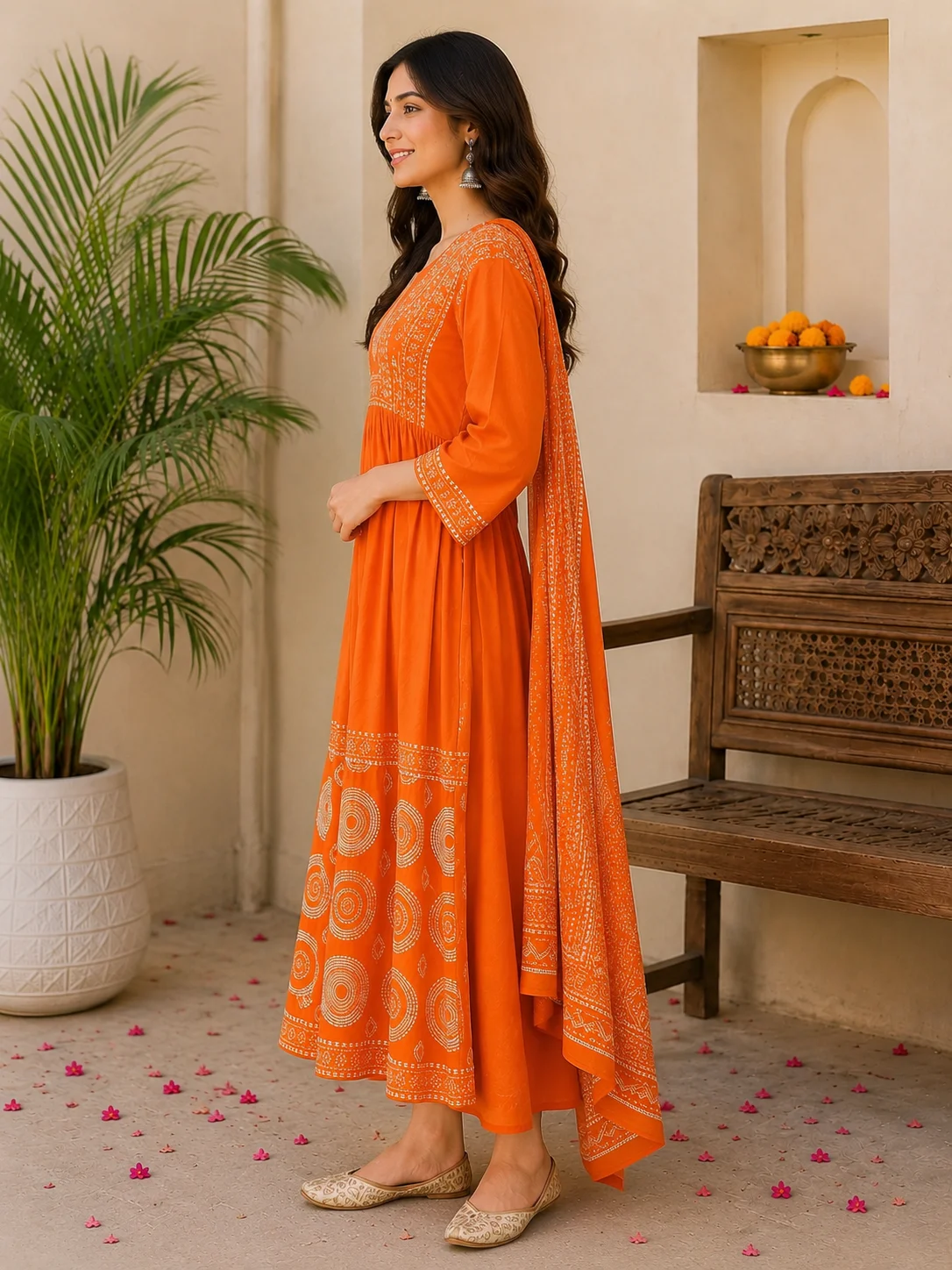 Orange Printed Jaipuri Print Cotton Anarkali Suit Image 2