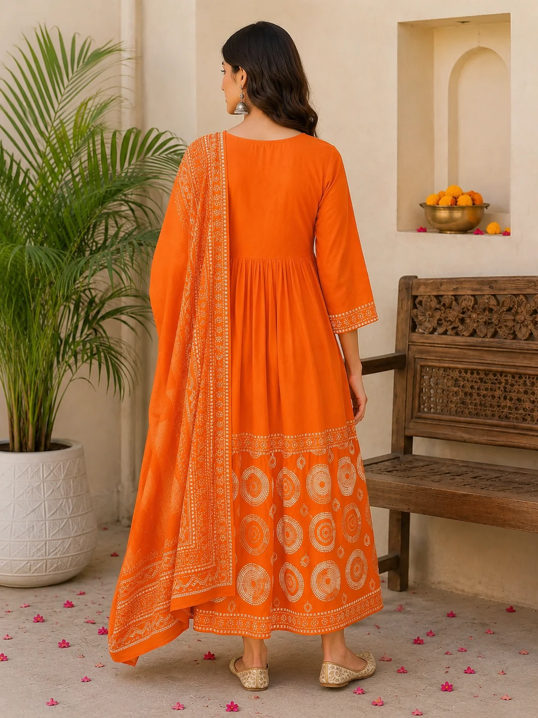 Orange Printed Jaipuri Print Cotton Anarkali Suit Image 3
