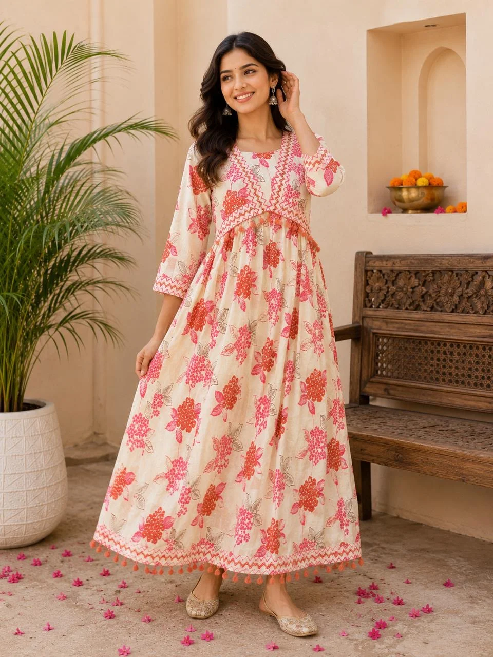 Off White, Pink Printed Cotton Anarkali