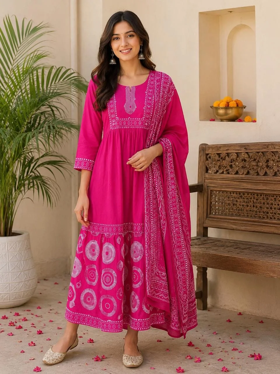 Rani, Pink Printed Jaipuri Print Cotton Anarkali Suit
