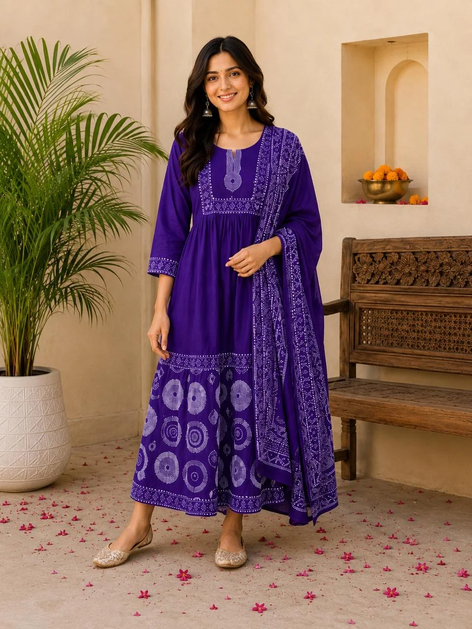 Blue Thread Work Jaipuri Print Cotton Anarkali Suit