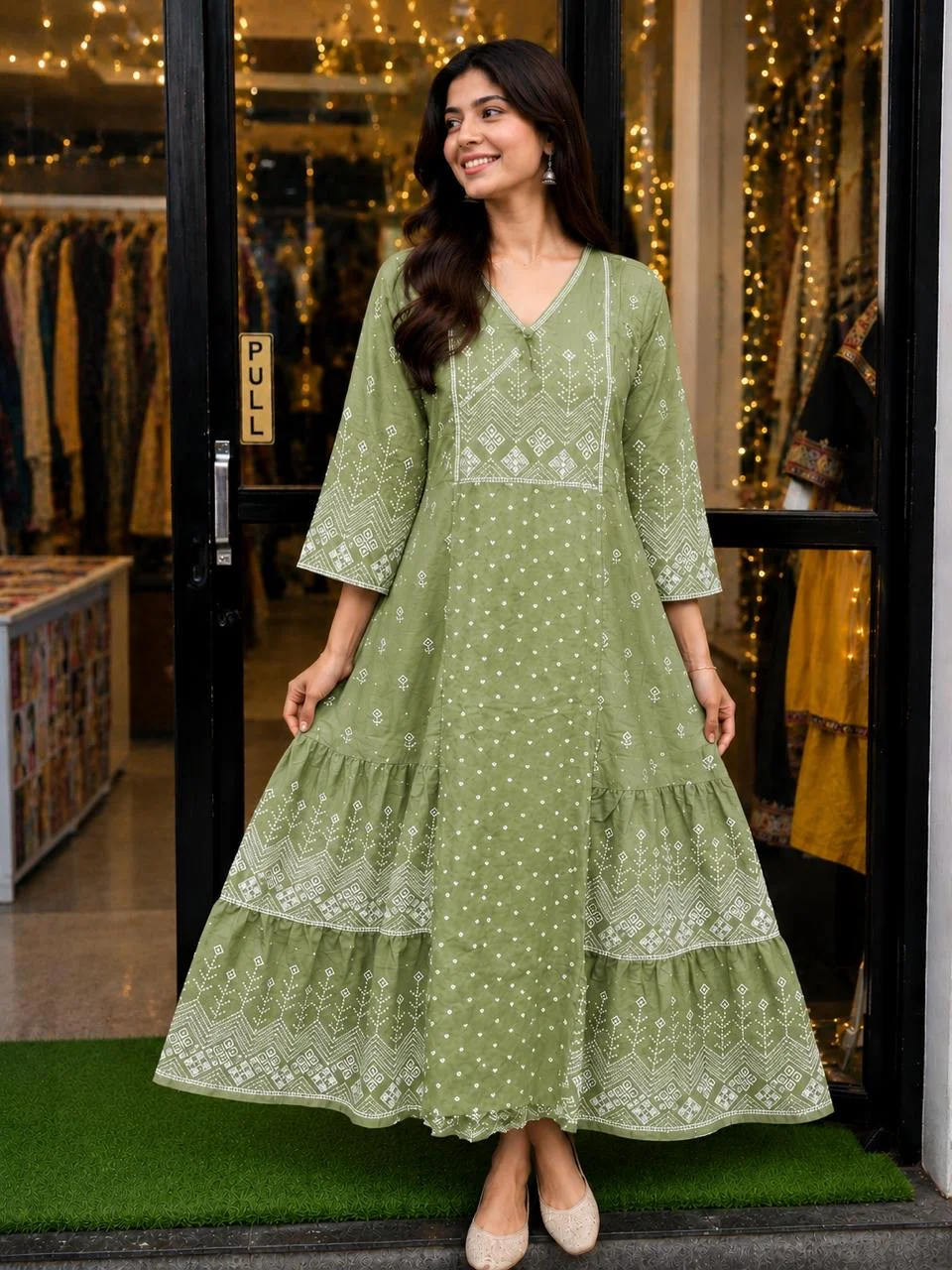 Green Bandhej Print Cotton Frock Suit