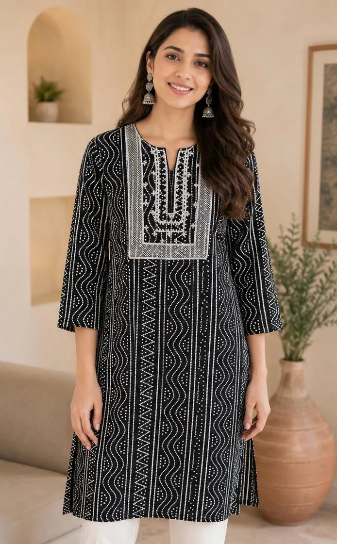 Black Bandhej Print Linen Kurti
