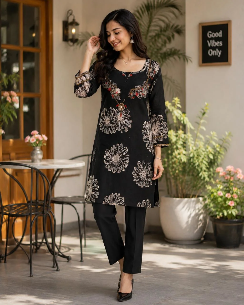 Black Jaipuri Print Linen Kurti Set