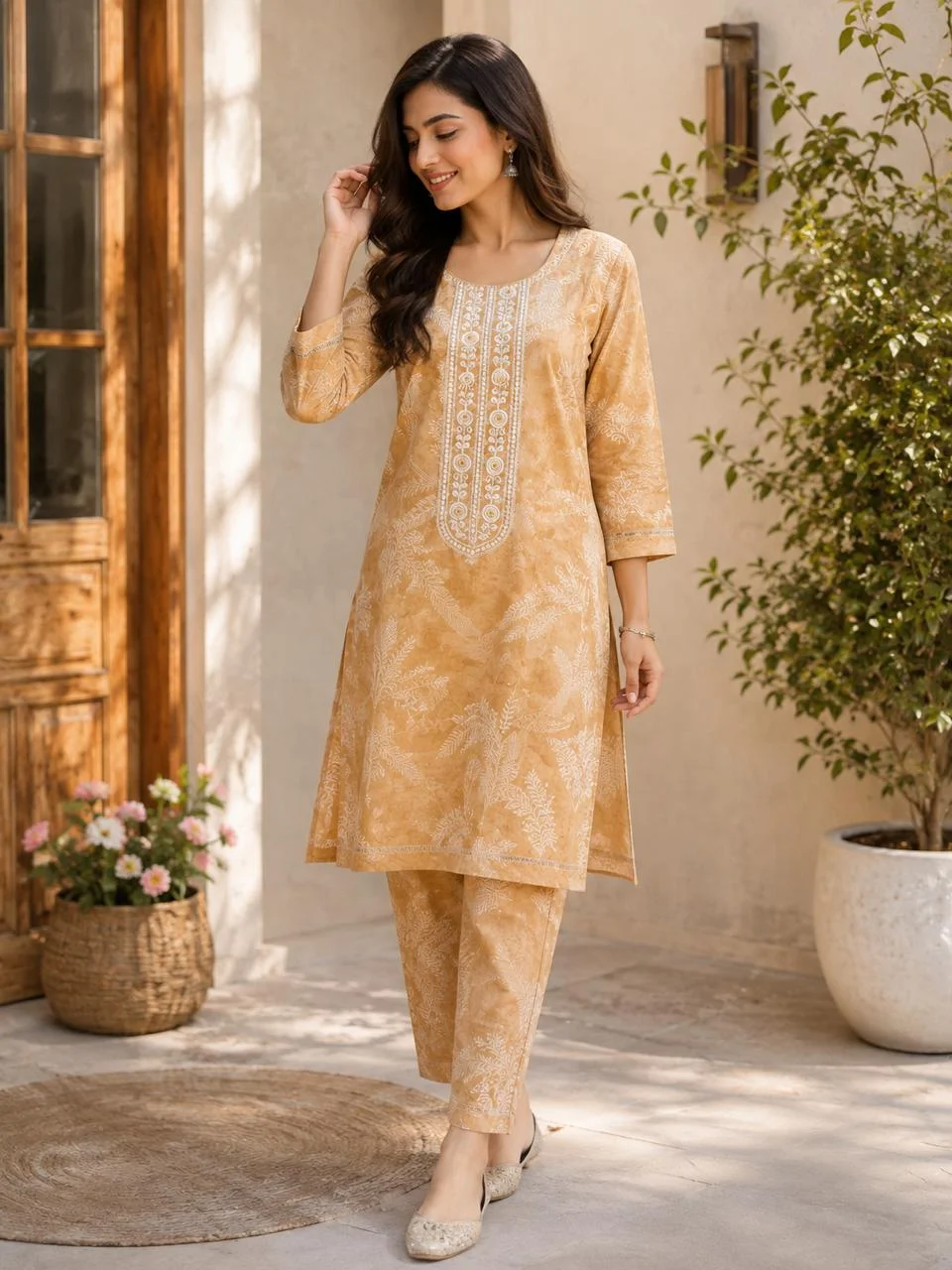 Beige Jaipuri Print Linen Kurti Set