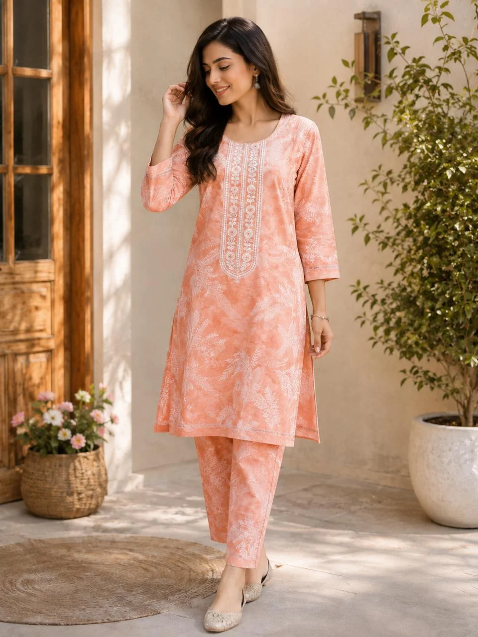 Peach Jaipuri Print Linen Kurti Set