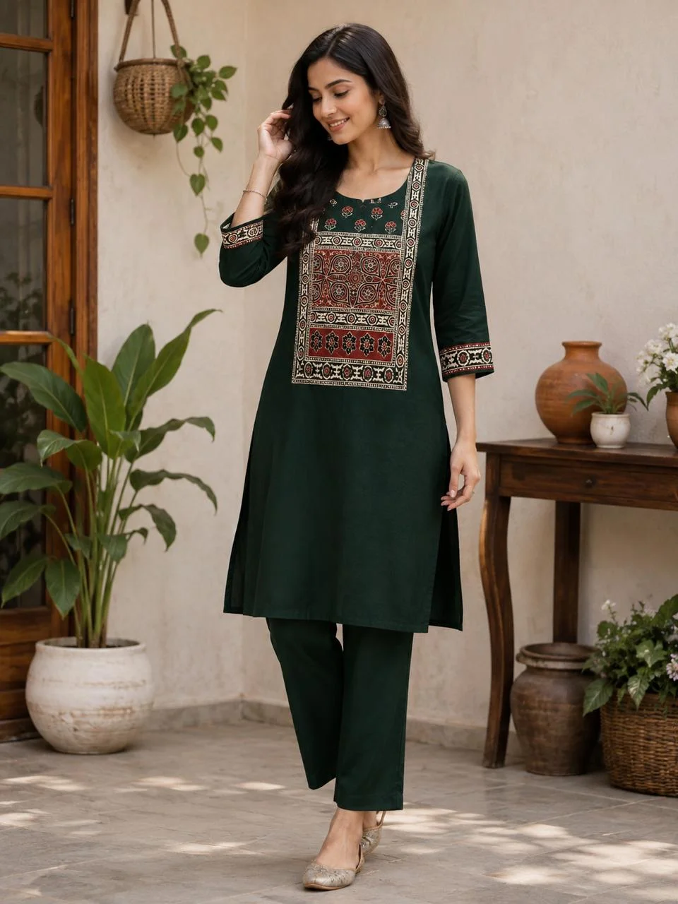 Dark Green Jaipuri Print Linen Kurti Set