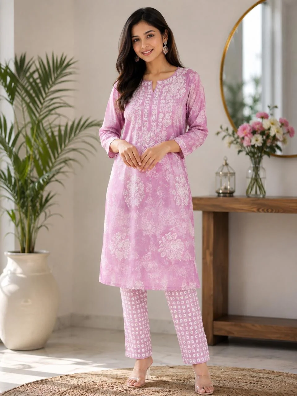 Baby Pink Printed Cotton Kurti Set