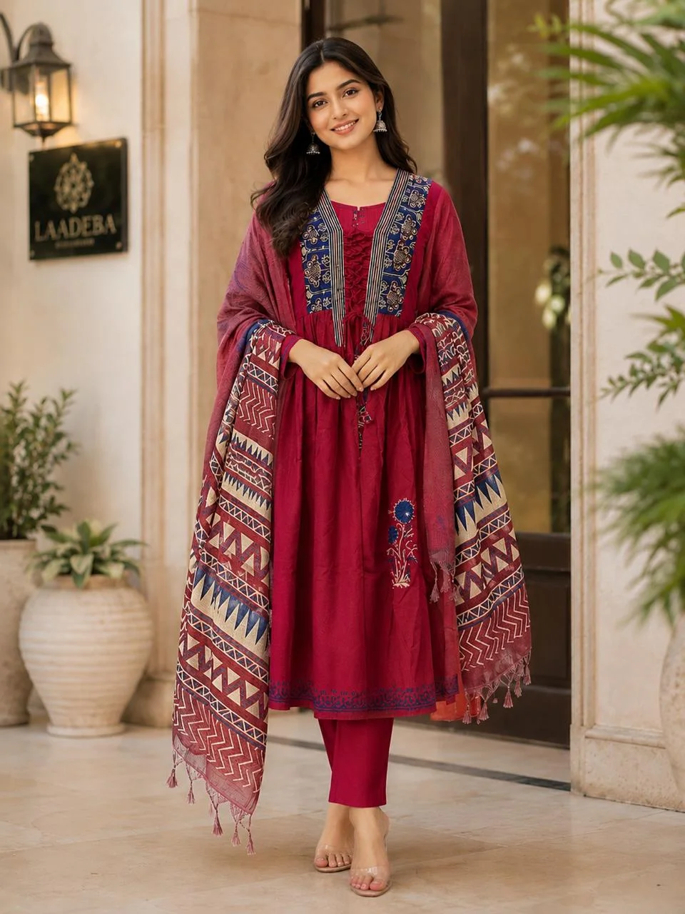 Maroon, Blue Frock Jaipuri Print Cotton Kurti Set