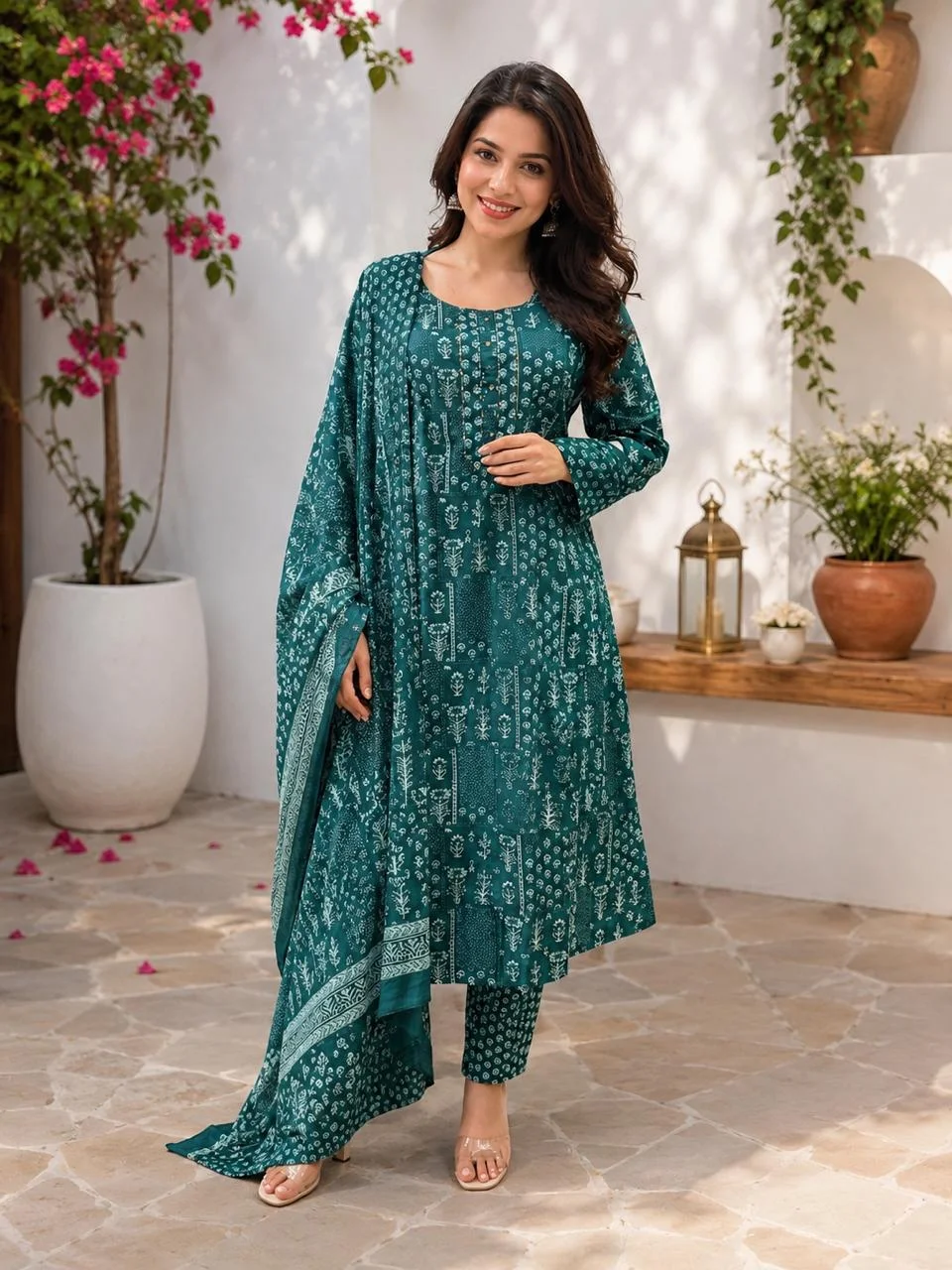 Aqua Printed Jaipuri Print Cotton Kurti Set