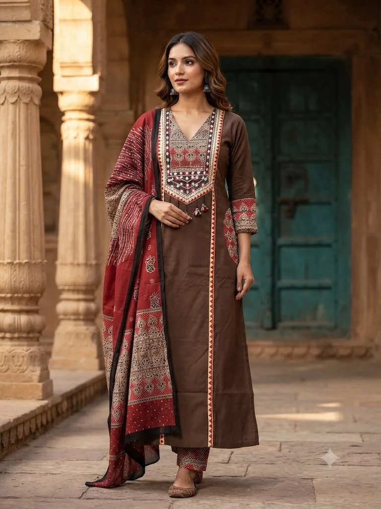 Brown Printed Jaipuri Print Cotton Kurti Set