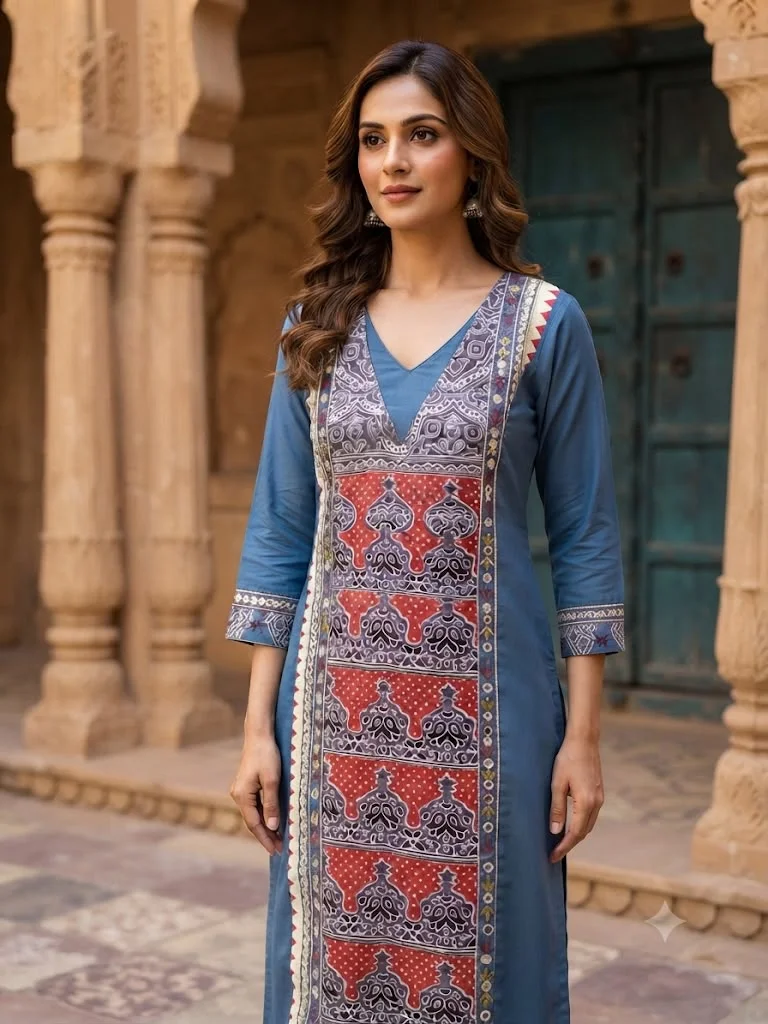 Blue Marble Print Jaipuri Print Cotton Kurti Set
