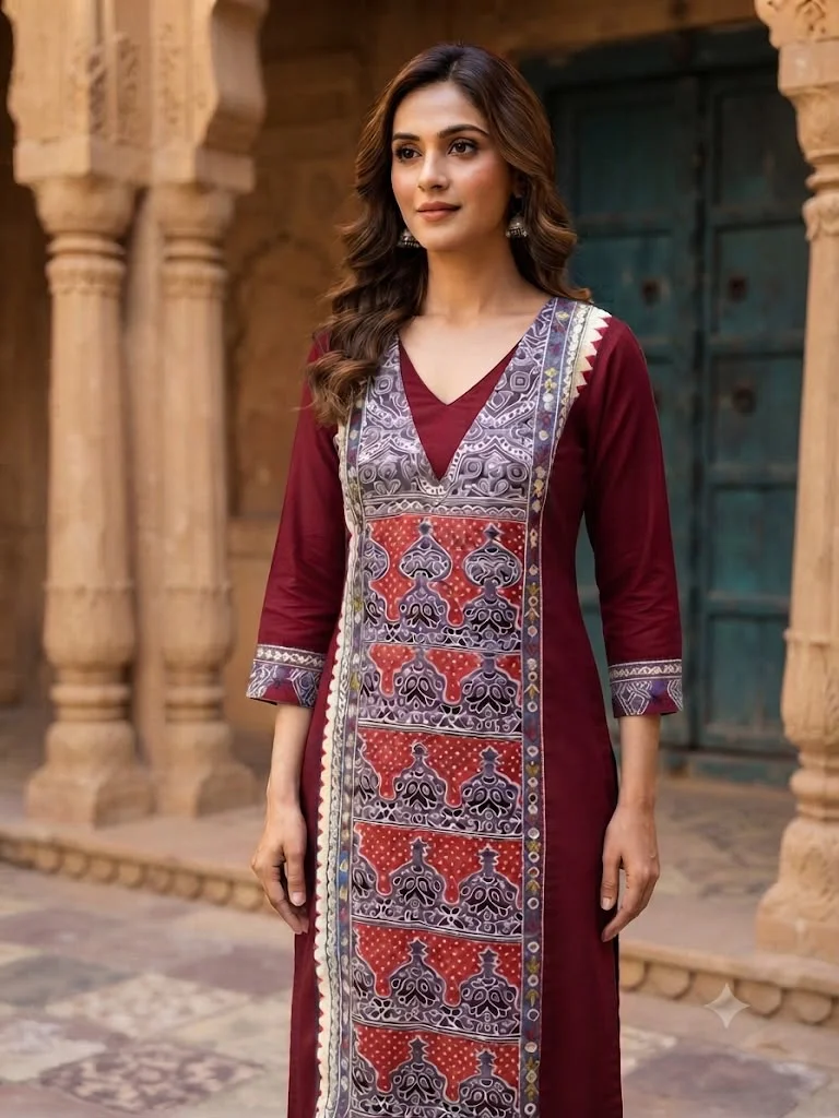 Maroon Printed Jaipuri Print Cotton Kurti Set