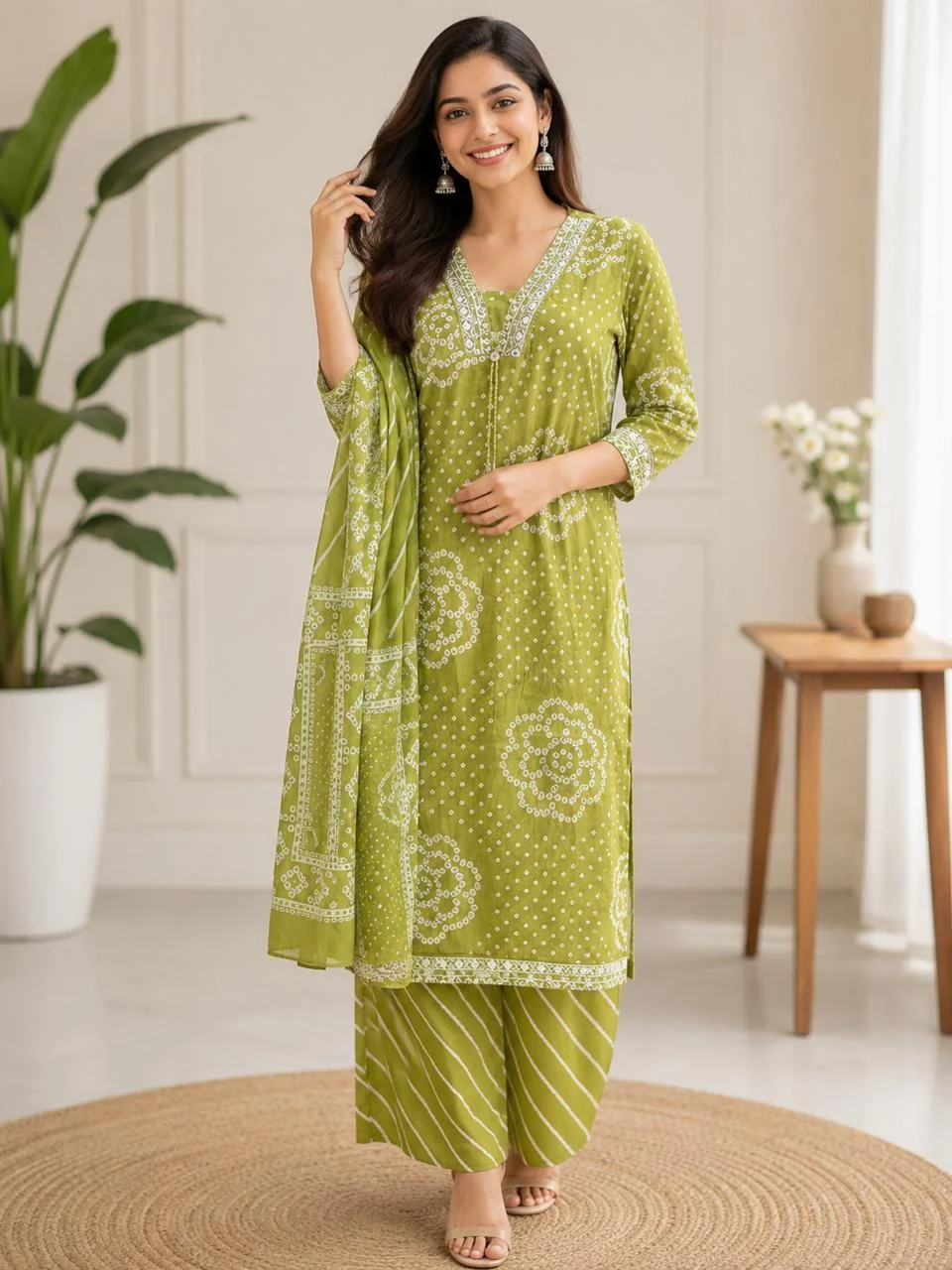 Light Green Printed Bandhej Print Cotton 3 Piece Kurti Set